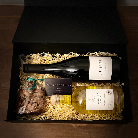 Coffret cadeau vin rouge / Bouteille d'huile d'olive
